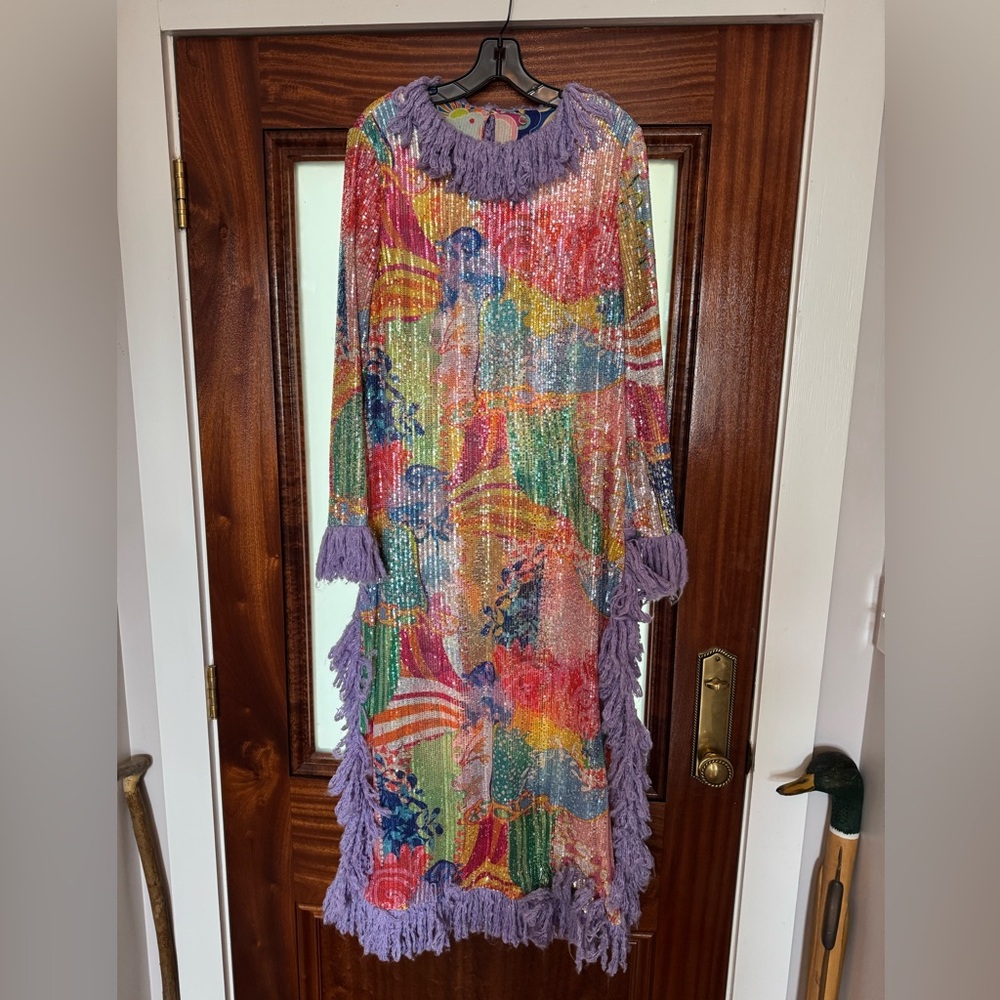 CeliaB Sequin Caftan + Purple Fringe, Size L